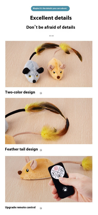 Yellow remote control electric plush mouse cat toy with a black remote and white USB charging cable. - Image 18