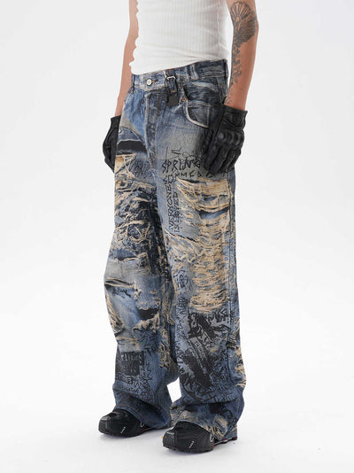 Pantalones Vaqueros Rectos con Estampado 3D Efecto Graffiti Rasgado - Image 3