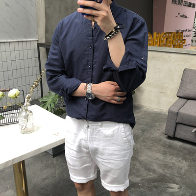 Camisa de Lino Retro con Cuello Mao para Hombre - Image 3