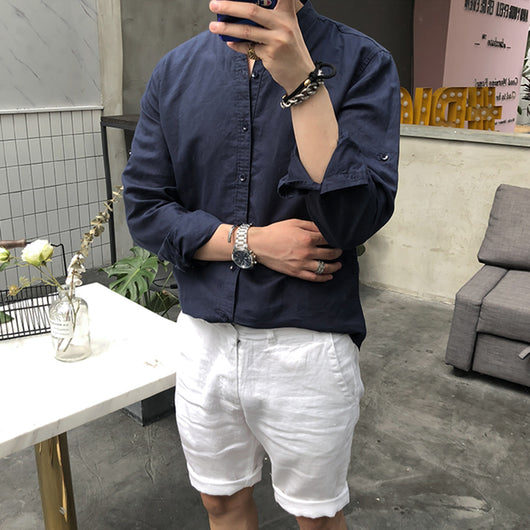 Camisa de Lino Retro con Cuello Mao para Hombre - Image 3