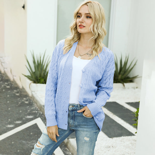 Cardigan Tejido Mujer V-Escote Algodón y Cachemira Manga Larga