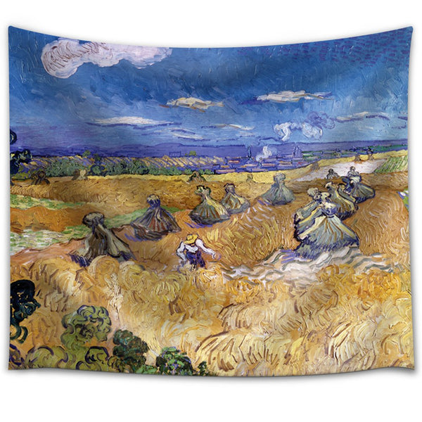 Tapestry featuring Van Gogh's 'The Harvesters' painting, depicting a golden wheat field with figures under a blue sky.