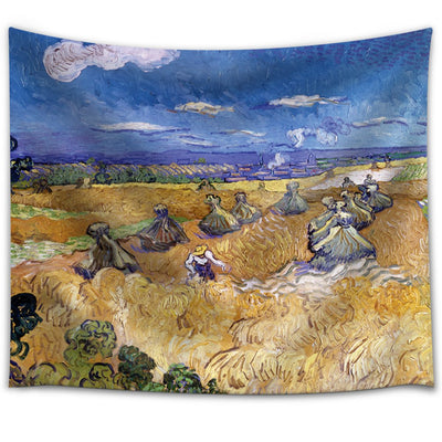 Tapestry featuring Van Gogh's 'The Harvesters' painting, depicting a golden wheat field with figures under a blue sky.