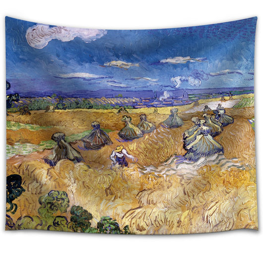 Tapestry featuring Van Gogh's 'The Harvesters' painting, depicting a golden wheat field with figures under a blue sky.