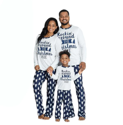 Family matching Christmas pajamas: white long-sleeve tops with 'Rockin' around THE Christmas TREE' text and blue pants with white Christmas tree patterns for da