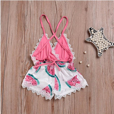 Enterizo Corto de Encaje con Estampado de Sandía y Halter