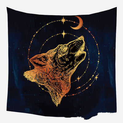 Golden crescent moon and woman silhouette tapestry with a floral crown against a dark blue starry background. - Image 25