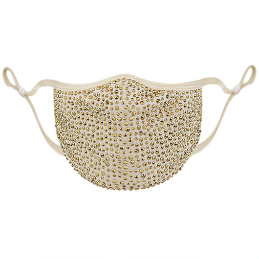 Beige fashion face mask covered in clear rhinestones with adjustable ear loops for a sparkly look. - Image 9