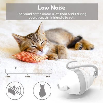 Golden-brown cat playing with a white and grey automatic rolling mouse cat toy with feather-like streamers on a wood floor. - Image 7