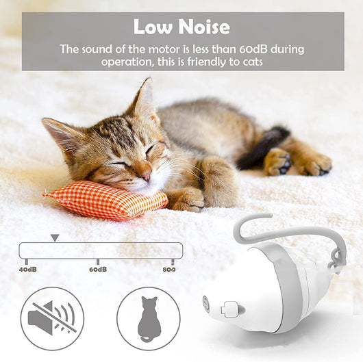 Golden-brown cat playing with a white and grey automatic rolling mouse cat toy with feather-like streamers on a wood floor. - Image 7