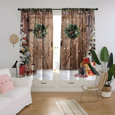 Digital printed Christmas curtains with a festive garland design, red ornaments, bows, and berries, on a white background. - Image 25