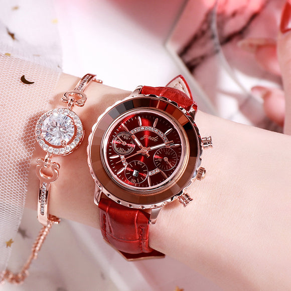 Reloj Pulsera de Cuero Verde con Calendario para Mujer