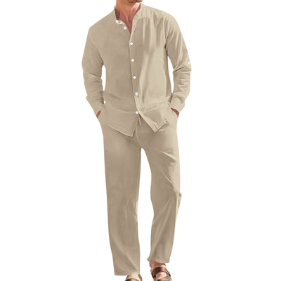 Conjunto de Camisa de Lino con Cuello Mao y Pantalón Holgado para Hombre - Image 7