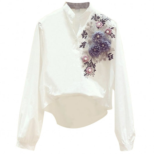Blusa Casual de Cuello en V y Manga Larga para Mujer - Blanco Versátil - Image 3