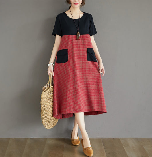 Vestido Largo de Algodón y Lino con Cuadros y Cuello Redondo