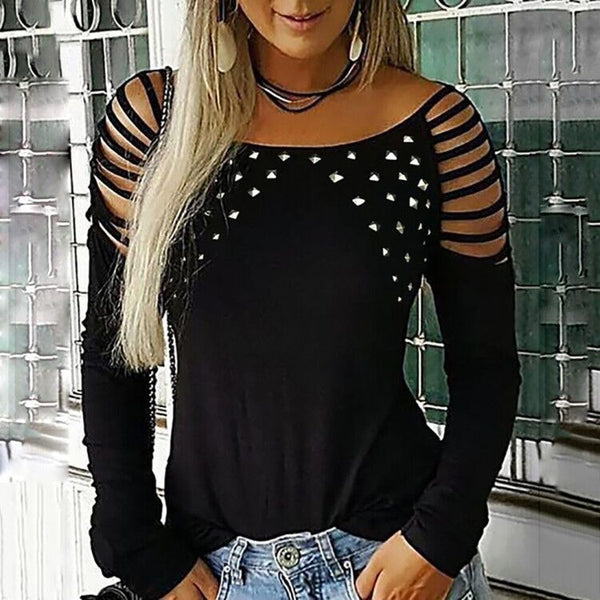 Camiseta Manga Larga Estilo Explosivo con Perforado Brillante para Mujer