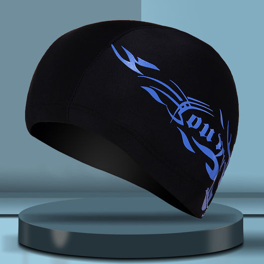 Black cloth swimming cap with a blue tribal-style graphic design on the side. - Image 11