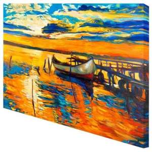 Cuadro Óleo Pintado a Mano - Decoración Barco en Muelle, Tonos Naranja y Azul - Image 6