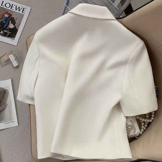 Blazer Ejecutivo Blanco Crema de Manga Corta para Mujer - Image 4
