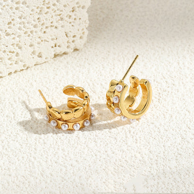 Aretes Doble C Retro en Acero Inoxidable con Perla Imitación - Diseño Amor - Image 4