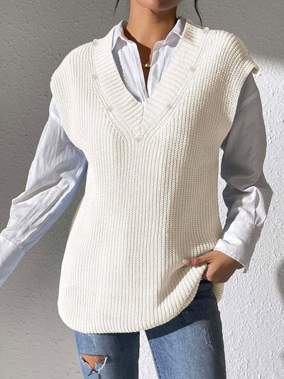Chaleco Tejido con Perlas en Escote V - Elegancia Minimalista - Image 12