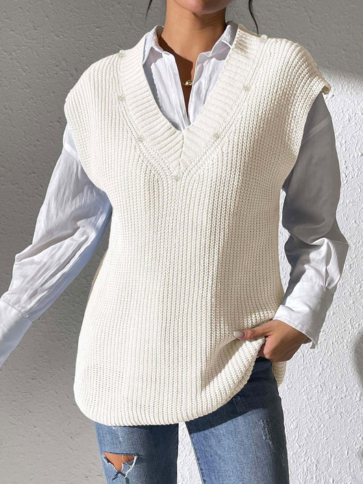 Chaleco Tejido con Perlas en Escote V - Elegancia Minimalista - Image 12