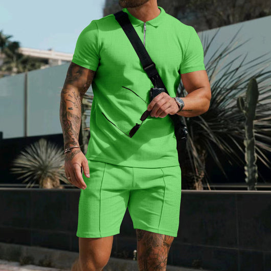 Conjunto Casual de Dos Piezas en Waffle para Hombre - Playera y Shorts con Cremallera - Image 19