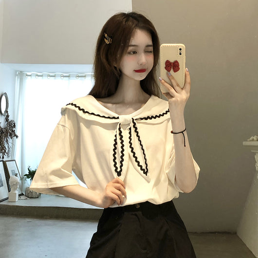 Blusa Preppy Cuello Marino Manga Corta - Estilo Chic y Versátil - Image 3