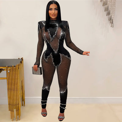 Jumpsuit Elegante de Malla con Strass y Mangas Largas - Image 2