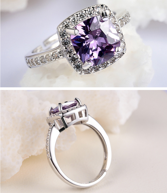 Anillo de Plata 925 con Amatista y Diamante - Diseño Coreano Elegante