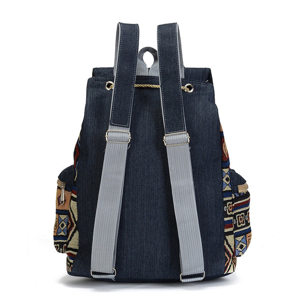 Mochila Escolar Étnica Denim con Cordón y Gran Capacidad