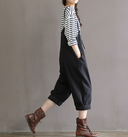 Pantalón Vintage de Algodón con Tirantes - Cintura Alta Estilo Literario - Image 3