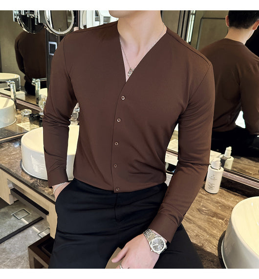 Camisa de Cuello V Manga Larga con Textura Waffle para Hombre - Image 12