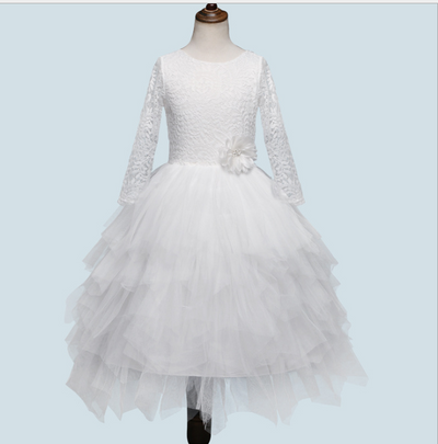 Vestido Princesa Niña Encaje Manga Larga Blanco Irregular Otoño Invierno - Image 9