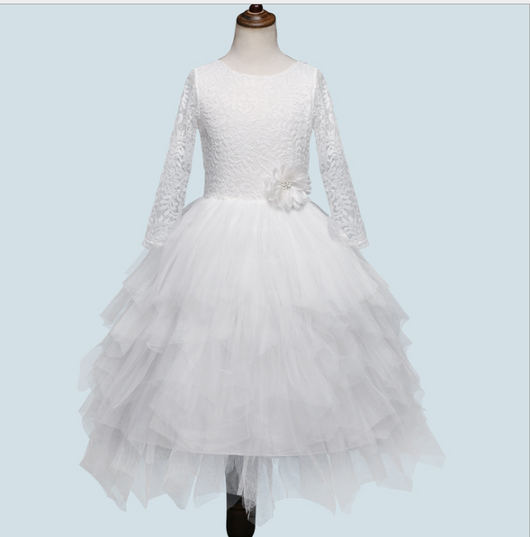Vestido Princesa Niña Encaje Manga Larga Blanco Irregular Otoño Invierno - Image 9