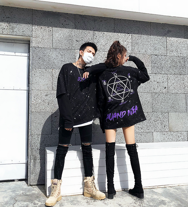 Suéter Oversize Hip Hop Unisex - Diseño de Dos Piezas con Estampado Urbano Negro