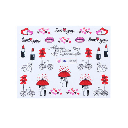 Set de Stickers de Uñas Adhesivas Diseño Osito Amor, Labios Rojos y Marca de Agua