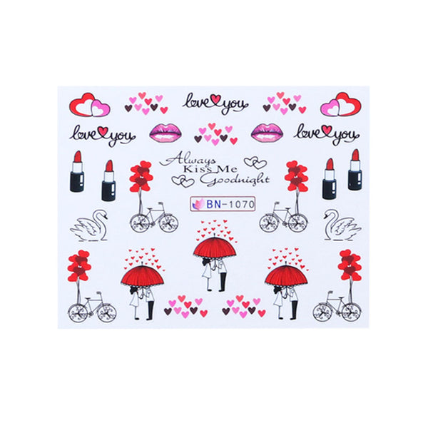 Set de Stickers de Uñas Adhesivas Diseño Osito Amor, Labios Rojos y Marca de Agua