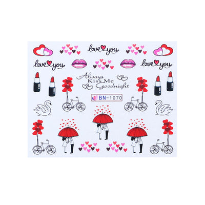 Set de Stickers de Uñas Adhesivas Diseño Osito Amor, Labios Rojos y Marca de Agua