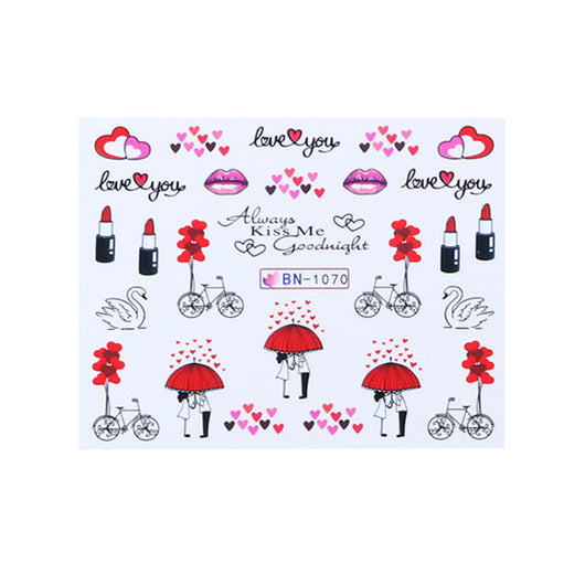 Set de Stickers de Uñas Adhesivas Diseño Osito Amor, Labios Rojos y Marca de Agua
