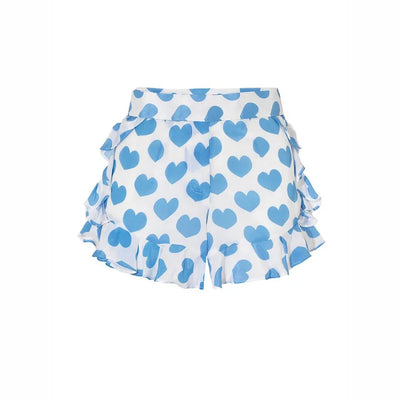 White shorts with blue heart print and ruffled sides, perfect for a fun vacation or casual summer day. - Image 12