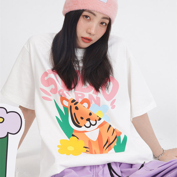 Camiseta Estampada Tigre Adorable con Cabeza Inclinada - Manga Corta