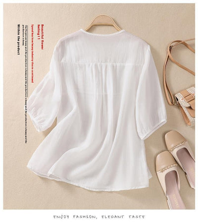 Blusa Suelta de Algodón y Lino con Cuello V - Image 11