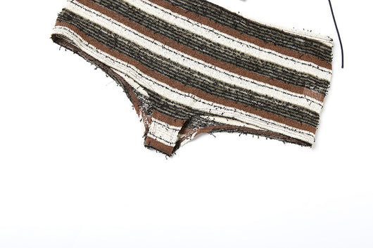 Women's fashion sexy halter lace-up striped bikini three-piece suit with brown, black, and white stripes. - Image 33