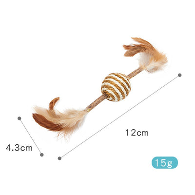 Feather and sisal cat toy with a wooden stick, green sisal ball, and brown feathers for molar cleaning. - Image 7