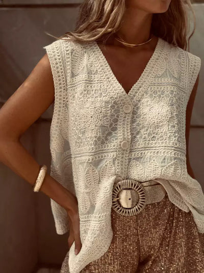Chaleco Cardigan con Encaje Bordado y Hebilla - Top Versátil para Vacaciones - Image 8