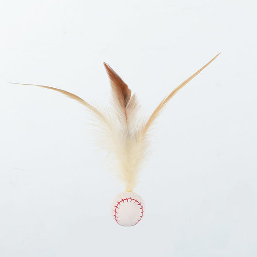 Three cat toys with pink balls and natural beige feathers, displayed on clear stands against a white background. - Image 5