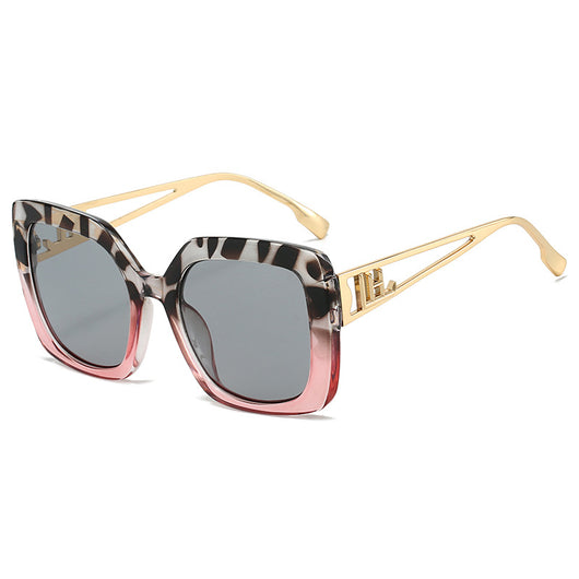 Women's square fashion sunglasses with red and green gradient tortoise shell frames and gradient purple-to-yellow lenses. - Image 10
