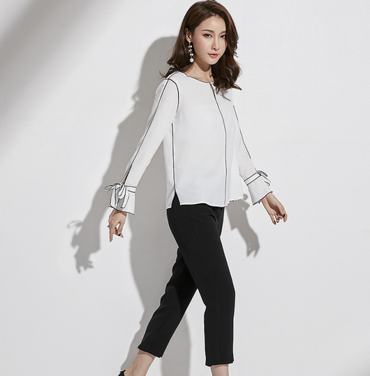 Blusa Elegante Coreana de Manga Larga con Detalles de Cuentas y Contraste de Color - Image 9