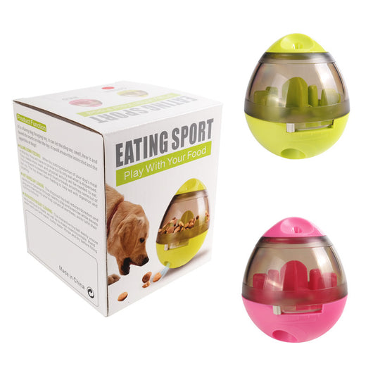 Lime green and transparent egg-shaped pet food dispenser toy, 100mm wide and 117mm tall, for slow feeding. - Image 4